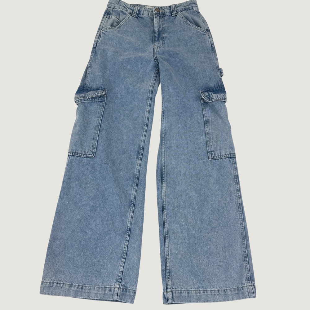 Stradivarius Cargo Jeans Women Size 4 Blue Wide Leg Utility Carpenter Grunge